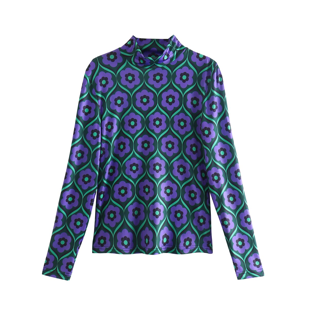 Lila-grünes Damen-Langarmshirt mit Blumenmuster, modisch, Polyester, Freizeitkleidung.