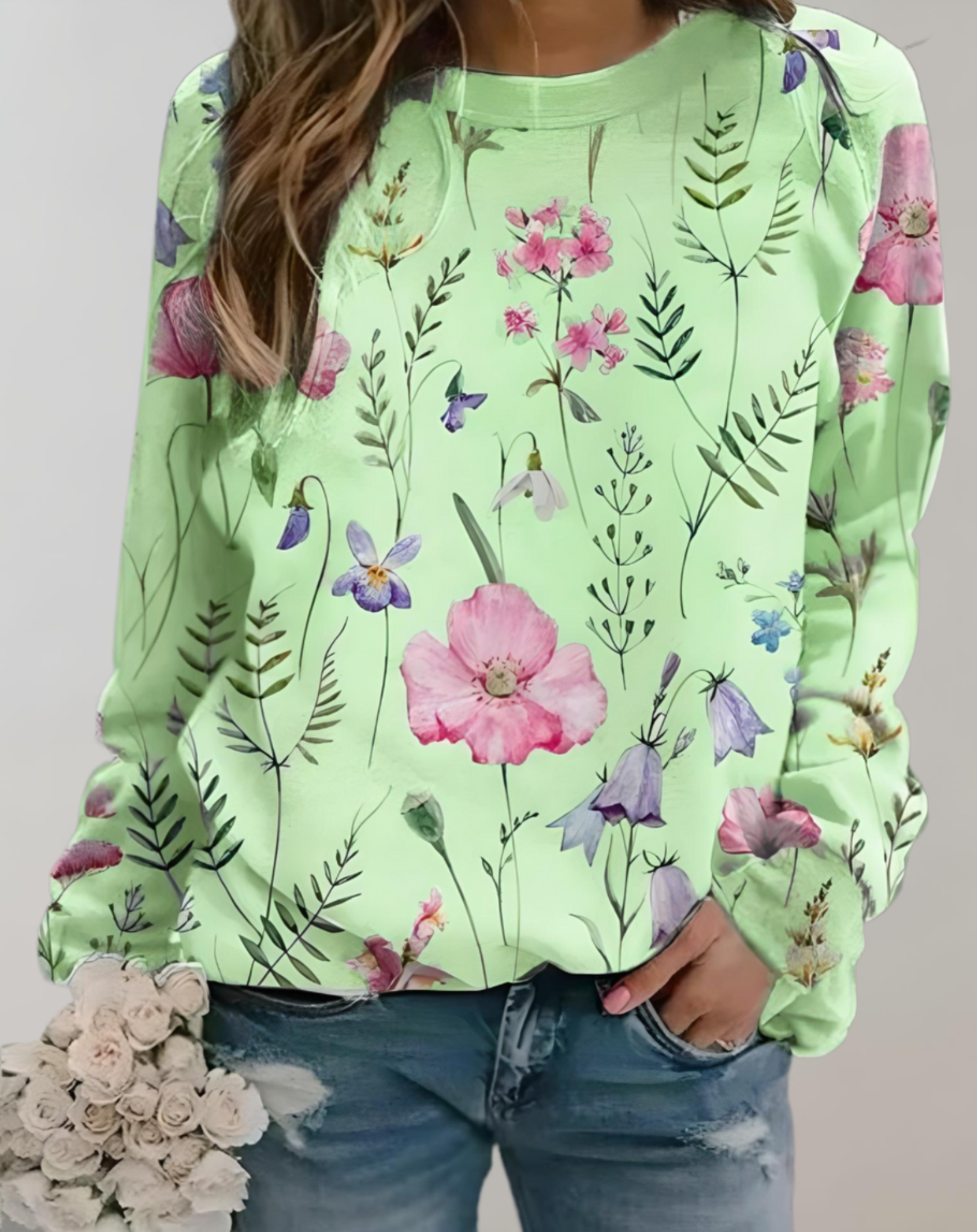 Damenpullover mit Blumenmuster, grün, langärmelig, lässig, modisch, Baumwolle.