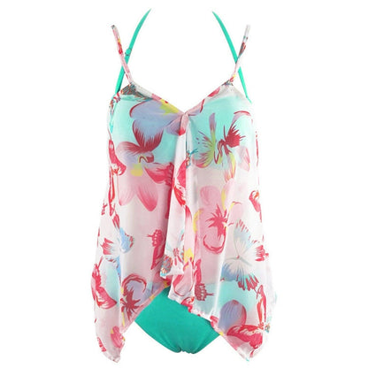 Damen Tankini Set, Blumenmuster, türkis-rosa, Sommer Bademode, Strandmode, Spaghettiträger.