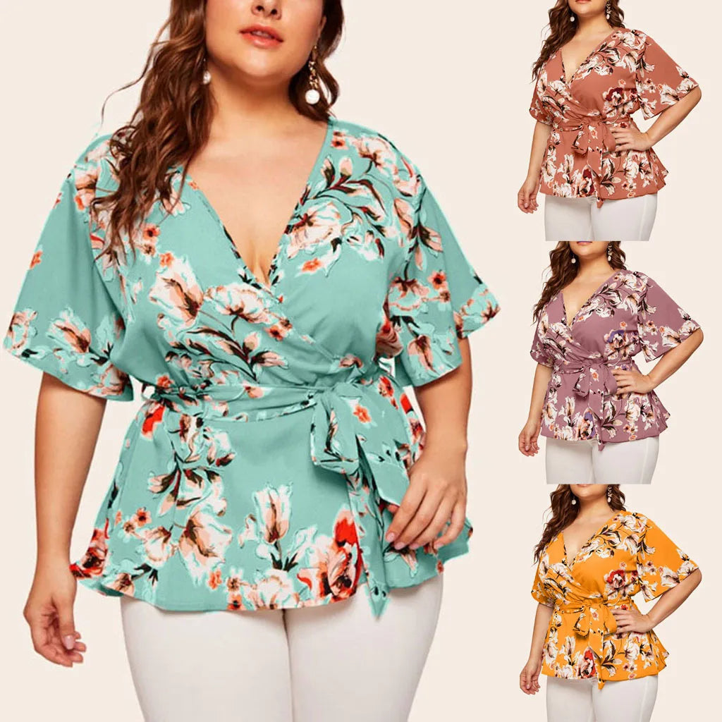 Damenbluse mit Blumenmuster, V-Ausschnitt, Kurzarm, Plus Size, in Grün, Lila, Orange.