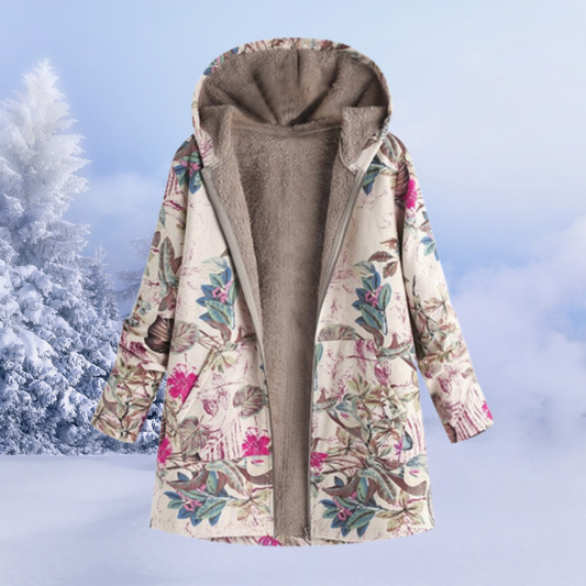 Damen Wintermantel mit Blumenmuster, Kapuze, warmes Futter, beige, Wintermode.