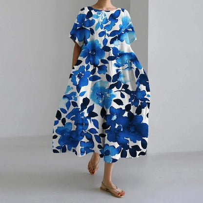 Damenkleid mit blauem Blumenmuster, kurzärmelig, locker, modisch, für Herbst.