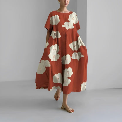 Damen Herbstkleid, Blumenmuster, rot, kurzärmelig, locker, modisch, Baumwolle.