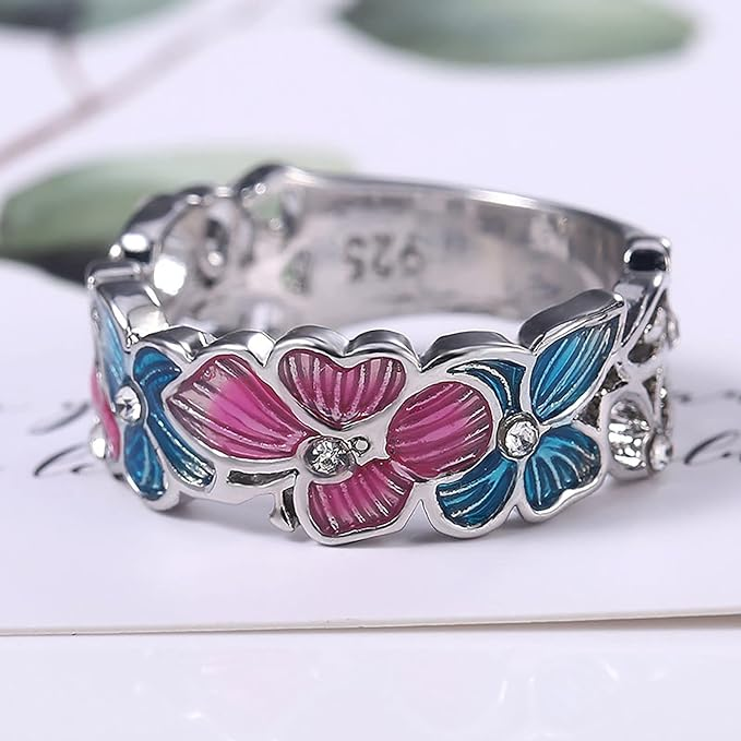 Silberring mit rosa und blauen Blumen, 925 Sterling Silber, Damen Schmuck, modisch, elegant.