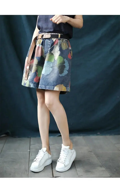 Damen Jeansrock mit Blumenmuster, knielang, blau, lässig, Sommermode, Freizeitkleidung.