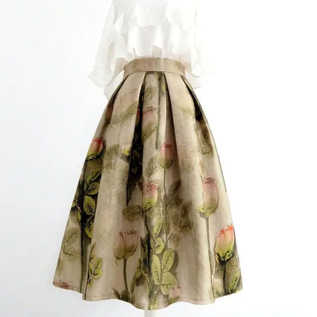 Damenrock mit Rosenmuster, beige, knielang, elegantes Design, Baumwolle, Frühling/Sommer.