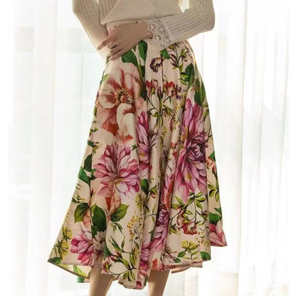Damenrock mit Blumenmuster, knielang, aus Baumwolle, elegant, Frühling/Sommermode.