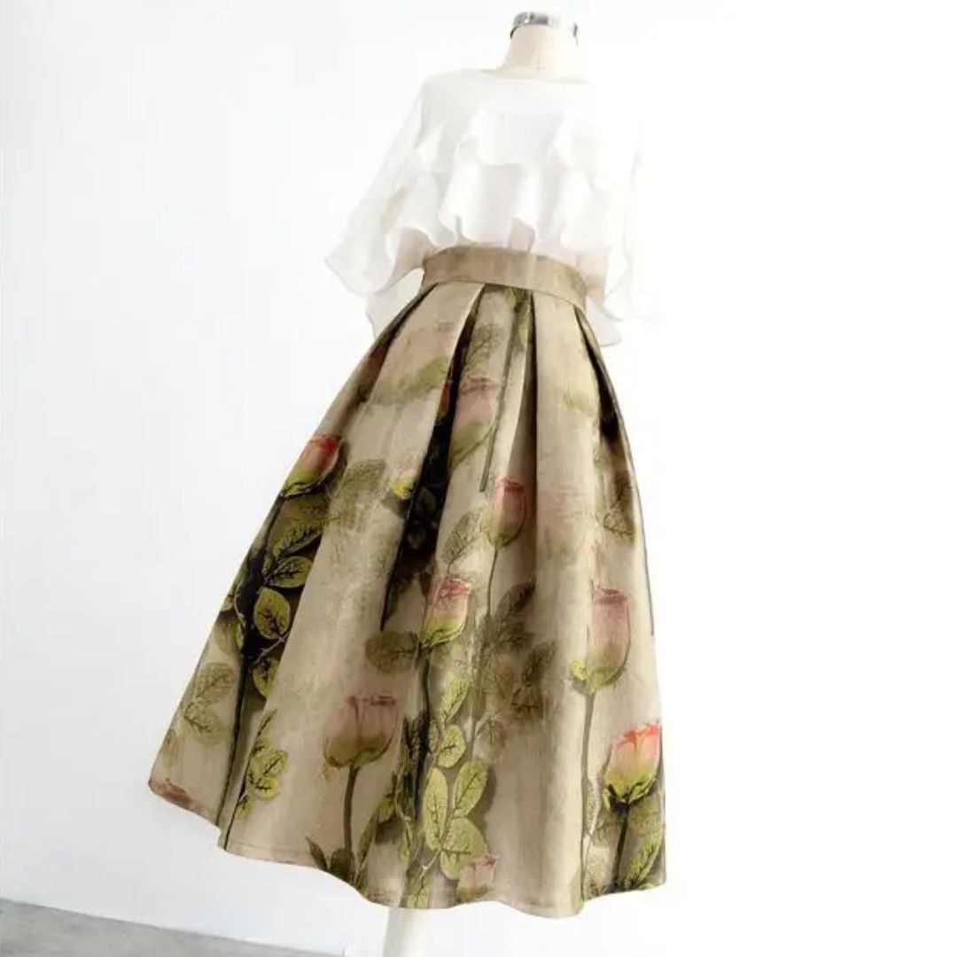 Damenrock mit Blumenmuster, beige, knielang, elegantes Design, Baumwolle, Frühling/Sommermode.
