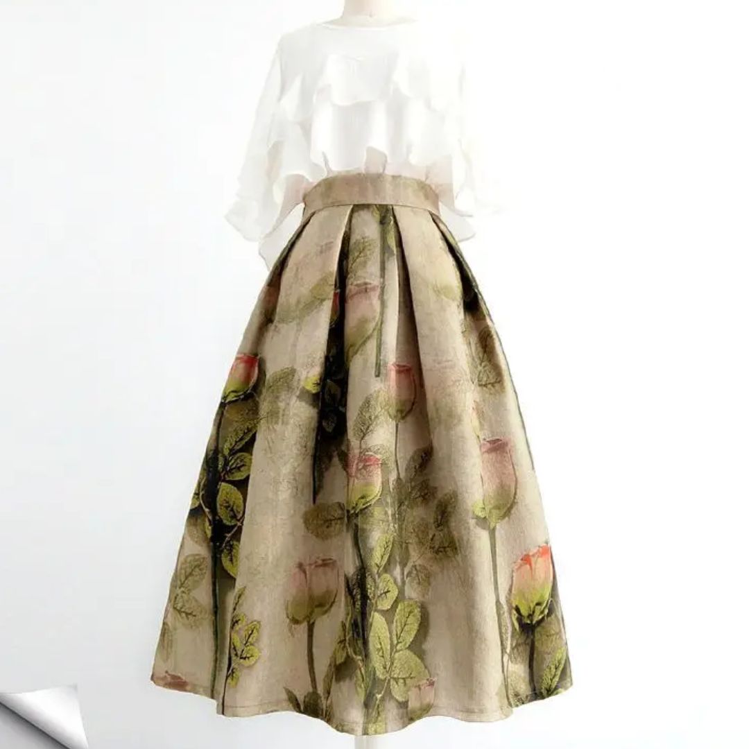 Eleganter Maxirock mit Blumenmuster, beige, aus Baumwolle, für Damenmode, Frühling/Sommer.