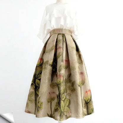 Eleganter Maxirock mit Blumenmuster, beige, aus Baumwolle, für Damenmode, Frühling/Sommer.