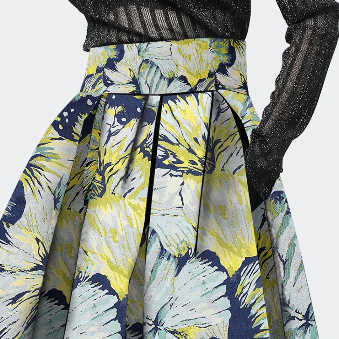Damenrock mit gelbem Blumenmuster, hoher Bund, Falten, elegantes Design, Frühling/Sommermode.