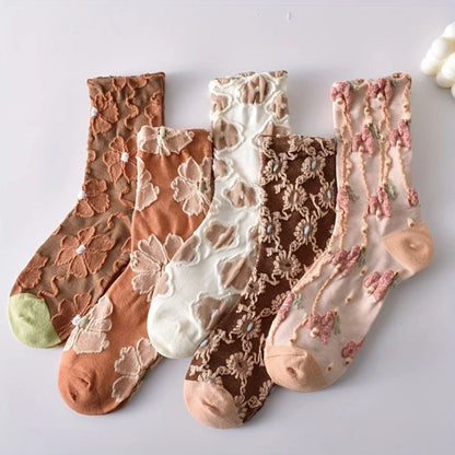 Fünf Paar bunte Blumensocken aus Baumwolle, modisch, bequem, für Damen.