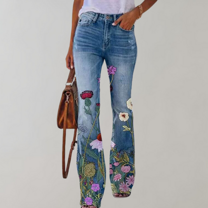 Damenjeans mit Blumenstickerei, blaue Denim, modische Hose, lässiger Stil, Sommermode.