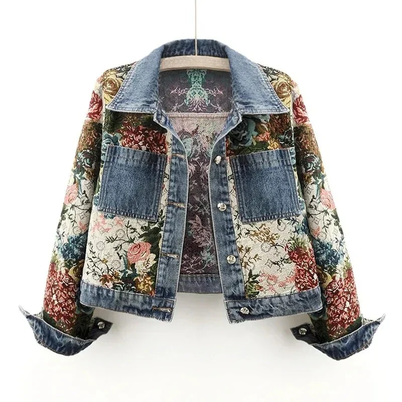 Florale Jeansjacke Damen, Vintage-Stil, bunte Blumenmuster, Denim, modisch, Freizeitkleidung.