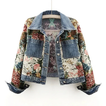 Florale Jeansjacke Damen, Vintage-Stil, bunte Blumenmuster, Denim, modisch, Freizeitkleidung.