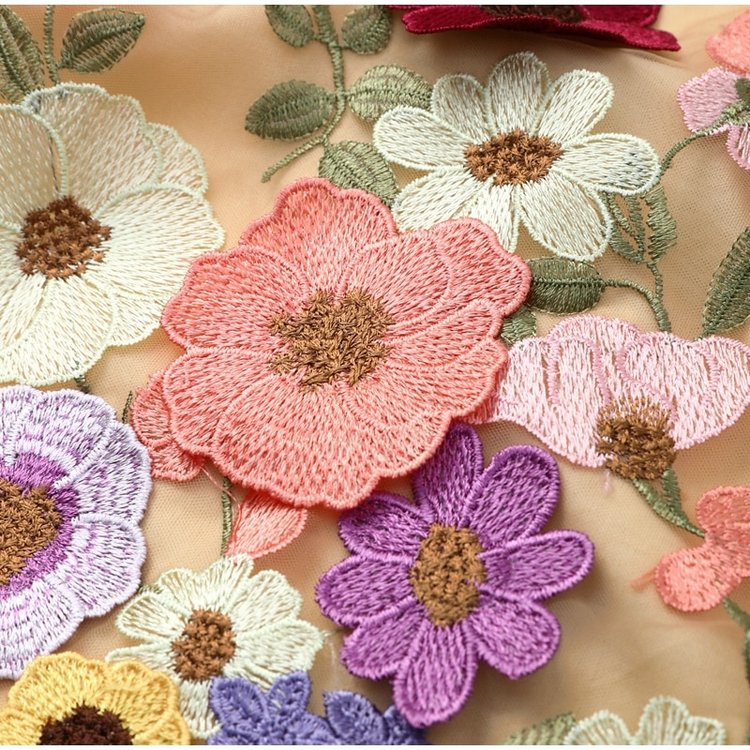Florales Spitzenkleid, mehrfarbig, Blumenmuster, bestickt, elegantes Design, Damenmode.