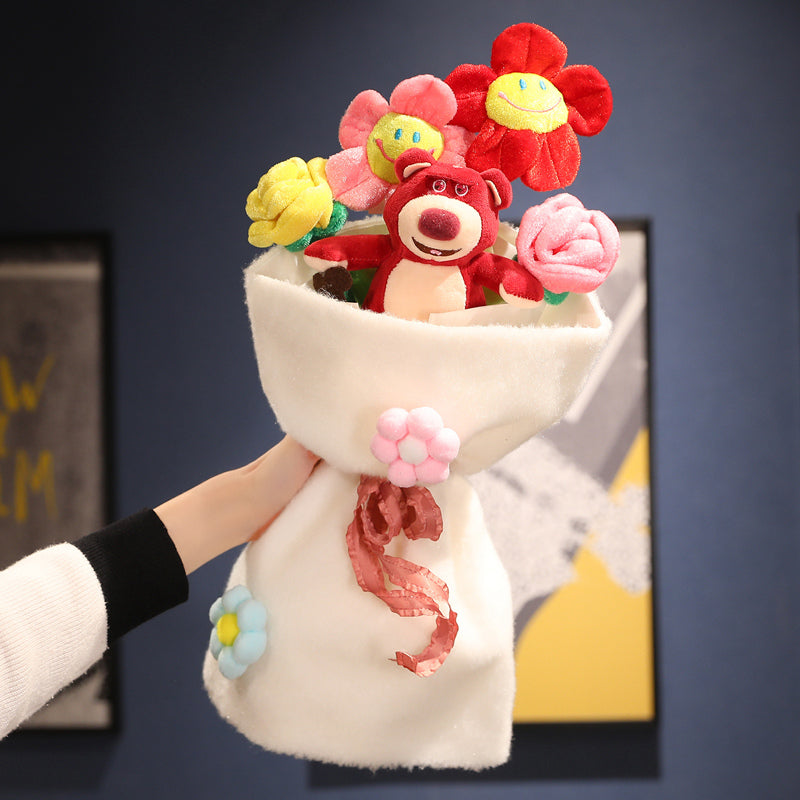 Plüschblumenstrauß mit bunten Blumen und Bär, Geschenkidee, Dekoration, Handgemacht
