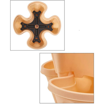 Beige vertikaler Pflanzkübel aus Kunststoff, stapelbar, platzsparend, für Garten oder Balkon.