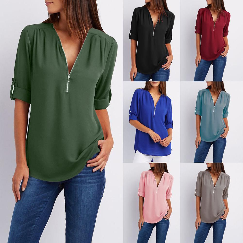 Damen Chiffonbluse mit Reißverschluss, langärmlig, in verschiedenen Farben, elegant und modisch.