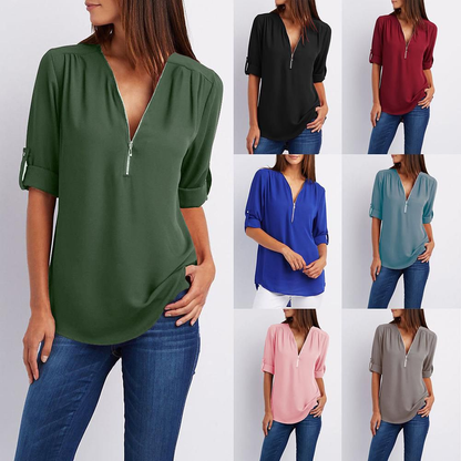 Damen Chiffonbluse mit Reißverschluss, langärmlig, in verschiedenen Farben, elegant und modisch.