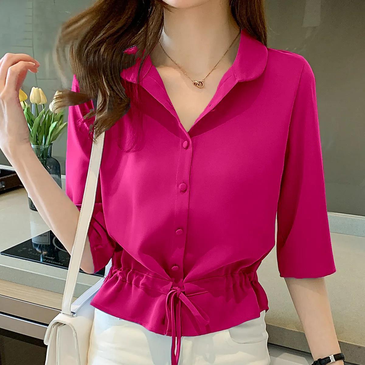 Damenbluse pink, Knopfleiste, 3/4-Ärmel, Kordelzug, elegantes Design, Freizeitmode.