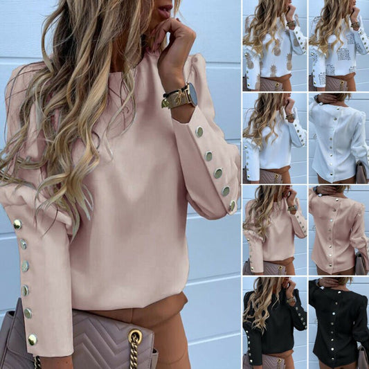 Damenbluse mit Knöpfen, langärmelig, in Rosa, Schwarz, Weiß, modisch, elegant, Freizeitlook.