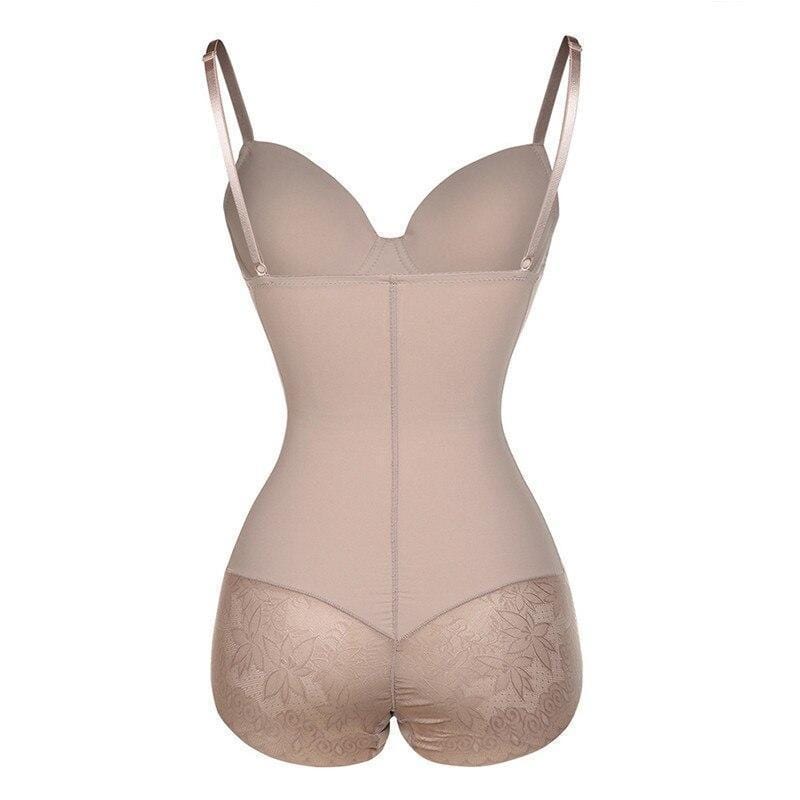 Beige figurformender Body für Damen, nahtlos, mit Blumenmuster, Shapewear, Bauchkontrolle.