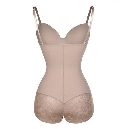 Beige figurformender Body für Damen, nahtlos, mit Blumenmuster, Shapewear, Bauchkontrolle.