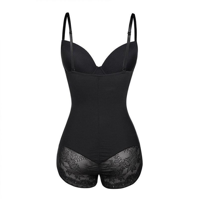 Schwarzer figurformender Body, Spitzen-Details, verstellbare Träger, Shapewear Damenmode.