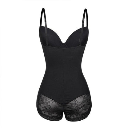 Schwarzer figurformender Body, Spitzen-Details, verstellbare Träger, Shapewear Damenmode.