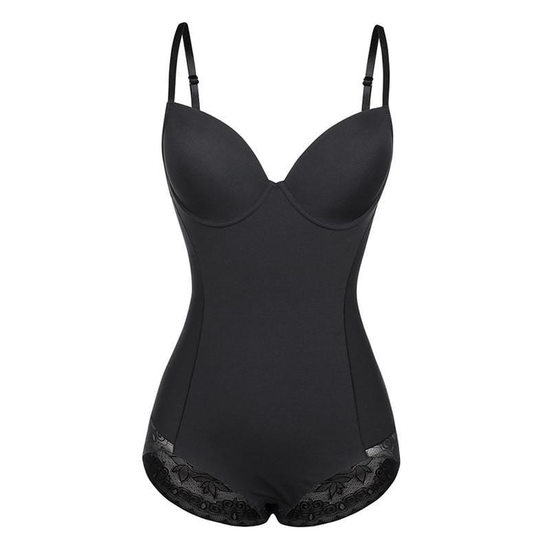 Schwarzer figurformender Body mit Spitzenbesatz, Damen Shapewear, verstellbare Träger.