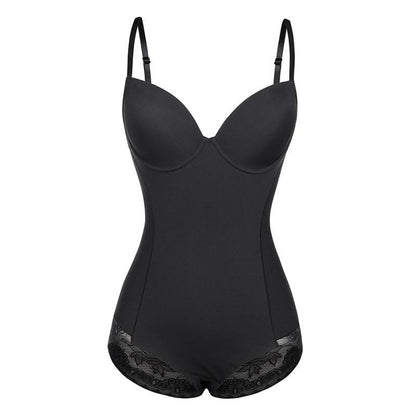 Schwarzer figurformender Body mit Spitzenbesatz, Damen Shapewear, verstellbare Träger.