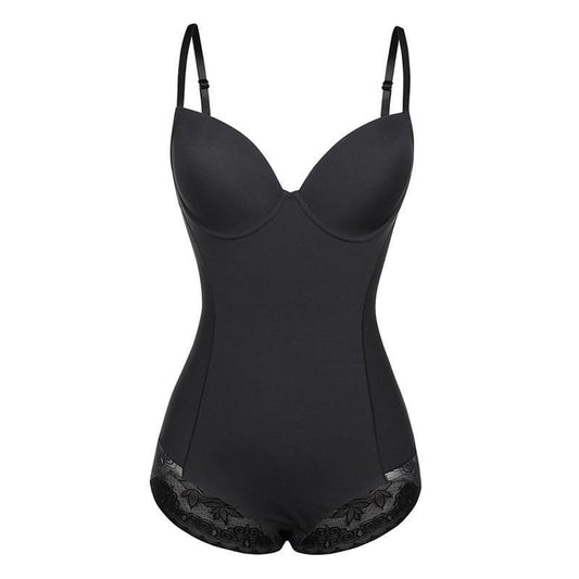 Schwarzer figurformender Body mit Spitzenbesatz, Damen Shapewear, verstellbare Träger.