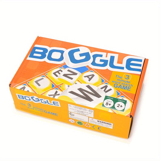 Boggle Wortspiel, orange Verpackung, Buchstabenwürfel, Familienspiel, ab 8 Jahren.