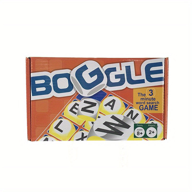 Boggle Wortspiel, Familienspiel, orange Verpackung, ab 8 Jahren, 2+ Spieler, Buchstabenwürfel.