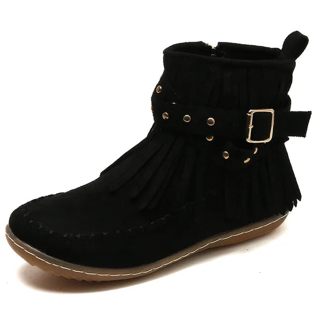 Schwarze Damen-Stiefeletten, Boho-Stil, Kunstwildleder, Quasten, Schnalle, Retro-Design.