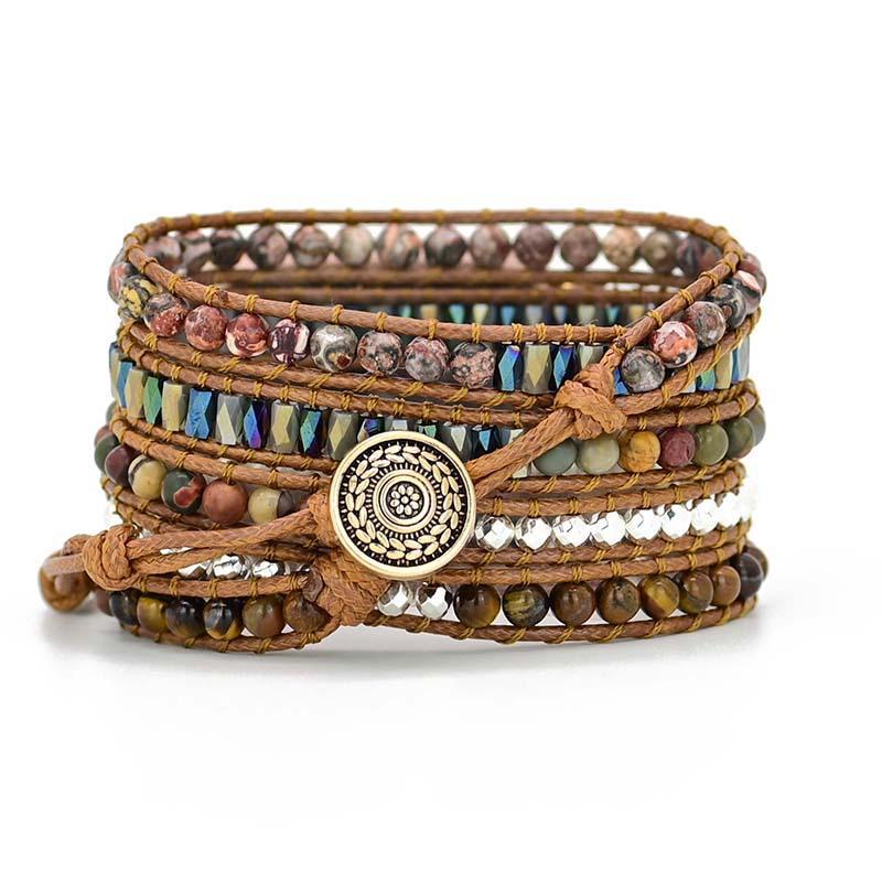 Braunes Wickelarmband mit Natursteinen, Tigerauge, Boho-Stil, für Apple Watch.