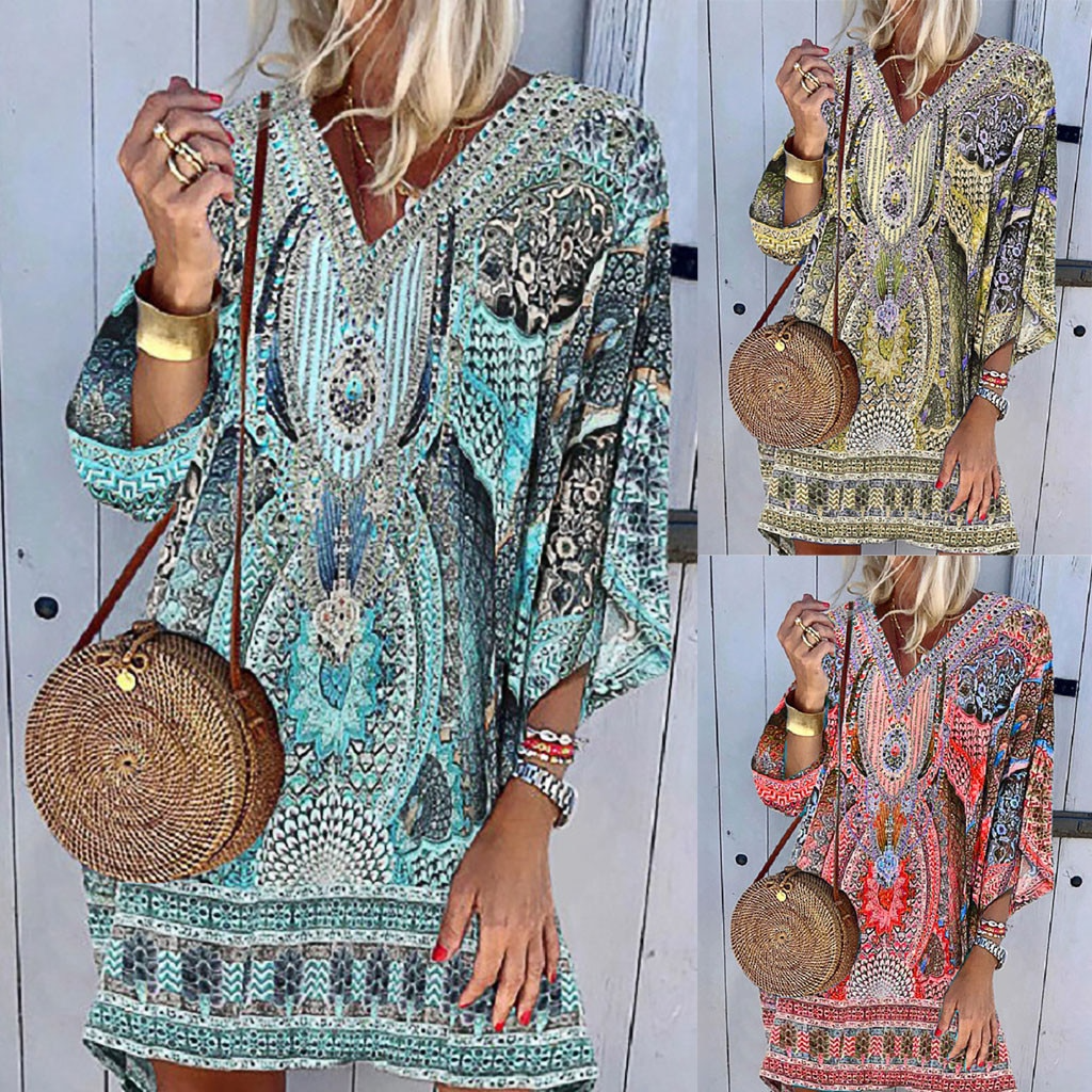 Damen Boho Minikleid, bunt gemustert, lange Ärmel, lässig, Strand, Party, V-Ausschnitt.