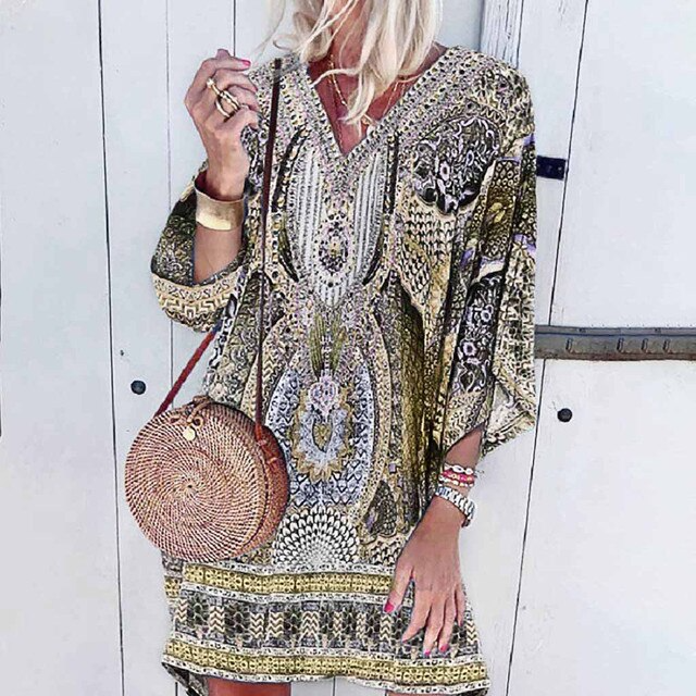 Boho Print Mini Kleid Damen, langärmelig, lässig, Strand, Party, Oversized, bunt.
