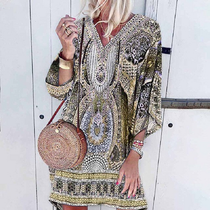 Boho Print Mini Kleid Damen, langärmelig, lässig, Strand, Party, Oversized, bunt.
