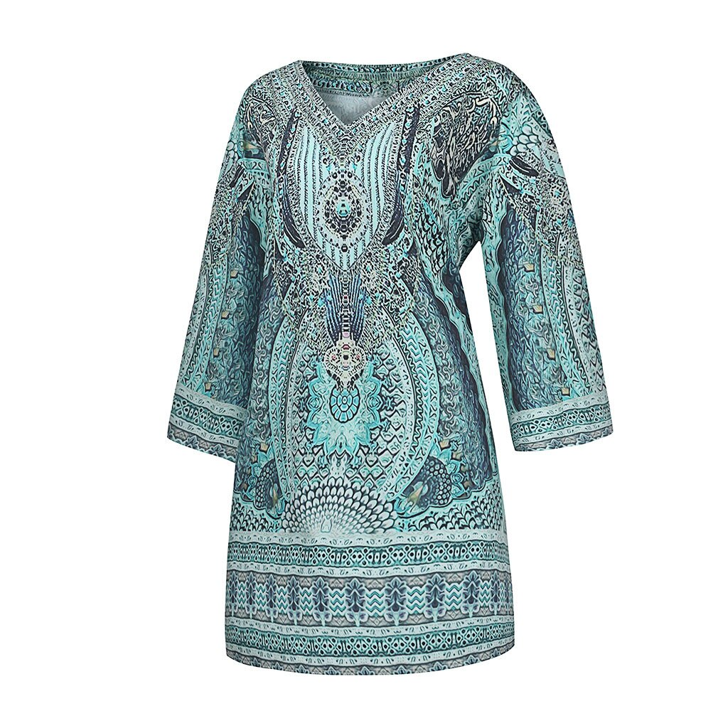 Boho Print Mini Kleid Damen, türkis, langärmlig, V-Ausschnitt, Freizeit, Strandmode.