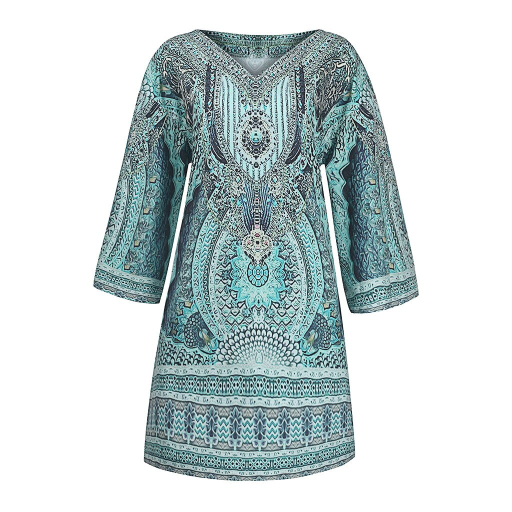 Boho Print Mini Kleid, türkis, langärmlig, Damenmode, Strandkleid, Abendkleid, Freizeit.