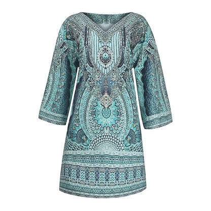 Boho Print Mini Kleid, türkis, langärmlig, Damenmode, Strandkleid, Abendkleid, Freizeit.