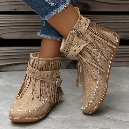 Boho-Stil Quasten Stiefeletten Damen, Retro Kunstwildleder, Beige, Reißverschluss, Schnallenriemen