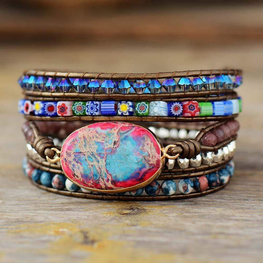 Boho-Wickelarmband, handgemacht, bunte Perlen, Blumenmuster, Schmuck, Damenaccessoire.