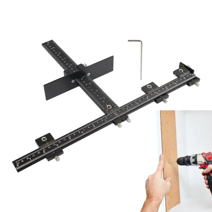 Schwarzes Bohrschablonen-Set mit Lineal, Holzarbeiten, präzise Bohrungen, DIY-Werkzeug.