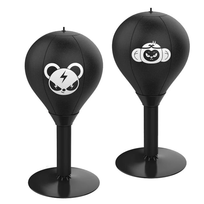 Schwarze Boxbälle mit Bären- und Affenmotiv, inkl. Geschenkpumpe, ideal für Stressabbau.