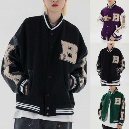 Unisex Collegejacke, schwarz, mit B-Logo, gestreifte Bündchen, modisch, lässig, Streetwear.