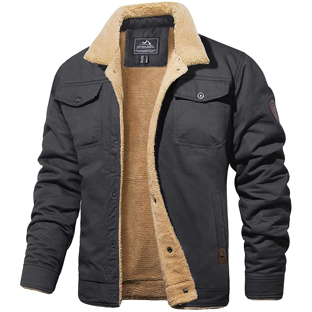 Schwarze Herren-Bomberjacke mit beigem Futter, Winterjacke, warm, modisch, Outdoor-Bekleidung.