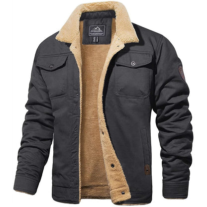 Schwarze Herren-Bomberjacke mit beigem Futter, Winterjacke, warm, modisch, Outdoor-Bekleidung.